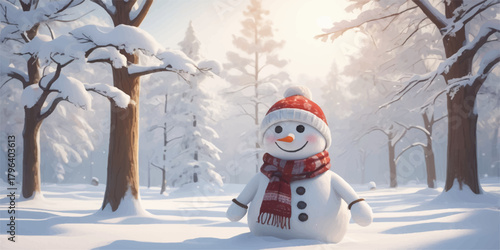 Smiling snowman standing in a peaceful snowy forest under soft winter sunlight.