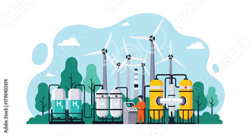 Flat vector illustration of hydrogen production facility using wind and solar power with electrolysis tanks and storage units. Solid tones, no gradients, future clean energy
