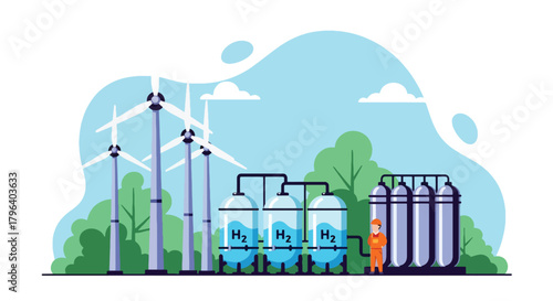 Flat vector illustration of hydrogen production facility using wind and solar power with electrolysis tanks and storage units. Solid tones, no gradients, future clean energy
