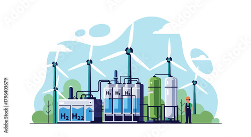 Flat vector illustration of hydrogen production facility using wind and solar power with electrolysis tanks and storage units. Solid tones, no gradients, future clean energy