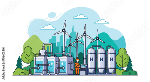 Flat vector illustration of hydrogen production facility using wind and solar power with electrolysis tanks and storage units. Solid tones, no gradients, future clean energy