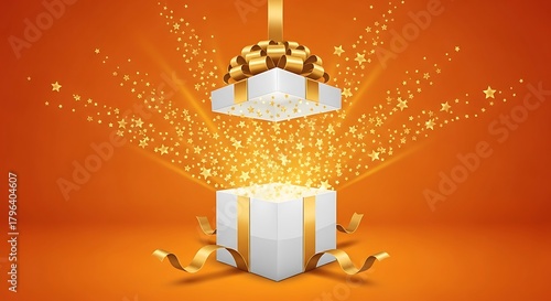 An open gift box with golden ribbons and sparkling stars bursting out, set against an orange background.