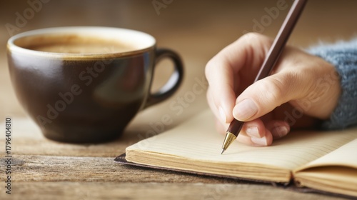 Writing inspiration cozy coffee shop personal journal warm environment close-up perspective mindfulness concept