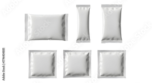 Collection of six blank white sachets and pouches for packaging product samples