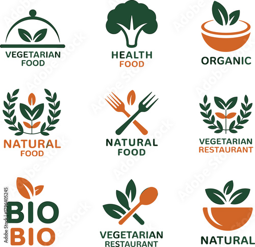 PrintHealthy organic vegetarian food and natural restaurant logo collection set with eco leaves, bio nutrition symbols, wellness design, vegan meal icon illustration