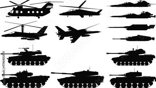 Military aircraft and tank silhouettes in grid layout for combat, defense, and warfare-themed vector design and educational illustrations