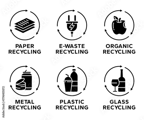 Recycle label products. Recycling materials types icons set. 100% recycle paper, aluminum, metal, plastic, glass, organic, e-waste, icon, label, logo, badge, sign symbol vector isolated illustration.