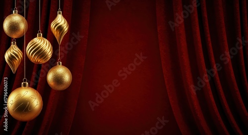 Golden Ornaments: Christmas ornaments add warmth against a background of red curtains, evoking holiday cheer and cozy ambiance.