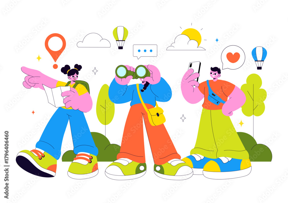 Obraz premium Travel Guide and Tour Vector Illustration Showing Interesting Places to a Group of Tourists for Vacation Planning in a Flat Style Cartoon Background