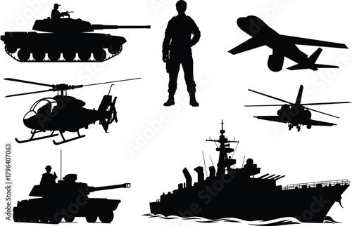 Silhouette collection of military vehicles, aircraft, tanks, helicopters, drone, warship, and soldier figures for defense, warfare, security, and combat vector illustrations.