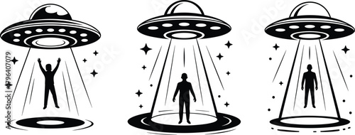 Stylized UFO abduction silhouettes with human figures and sparkles in sci-fi vector design for alien, extraterrestrial, and space-themed illustrations
