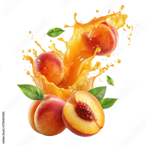 Orange peach juice pouring from behind peaches on transparent background