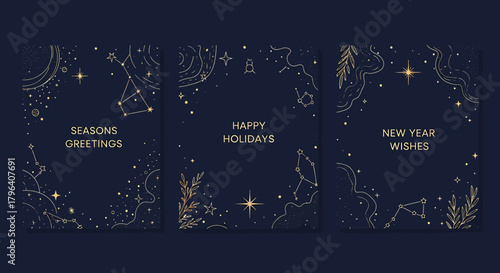 Elegant celestial holiday greeting cards with constellations, stars, and botanical elements on a dark blue background.