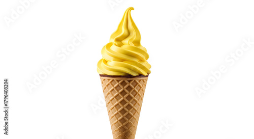 Delicious yellow soft serve ice cream in a waffle cone isolated on a white background