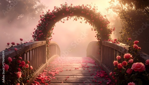 Enchanted Rose Garden Bridge at Sunrise with Misty Light.