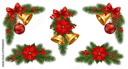 Collection of festive Christmas decorations featuring pine branches, red bows, golden bells, poinsettias, and baubles on a white background.