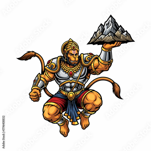 Cartoon drawing of hanuman holding mountain powerful hindu deity