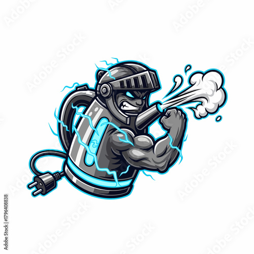 Cartoon electric kettle mascot flexing muscles with lightning power steam