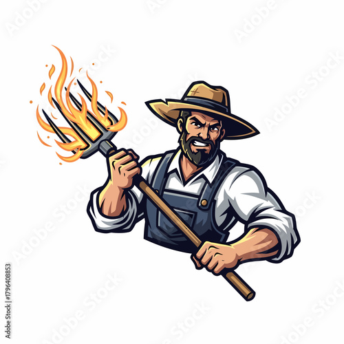 Cartoon farmer illustration holding burning pitchfork with angry expression