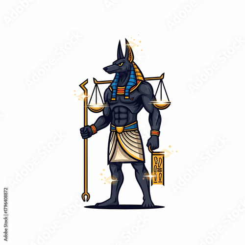 Cartoon illustration Anubis jackal headed god holding staff and scales