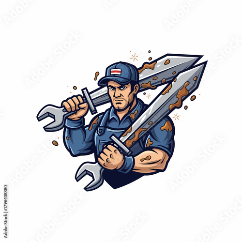 Cartoon handyman wielding dirty oversized wrenches wearing work overalls and cap