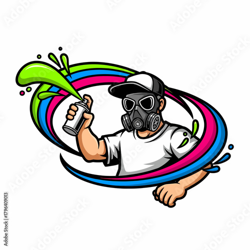 Cartoon illustration of graffiti artist spraying paint with gas mask