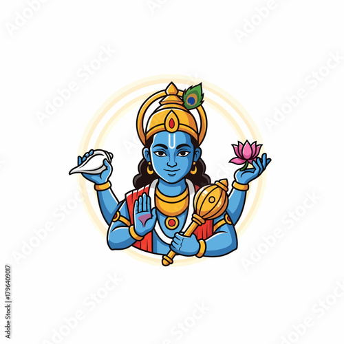 Cartoon illustration of Hindu God Vishnu holding lotus shell and mace