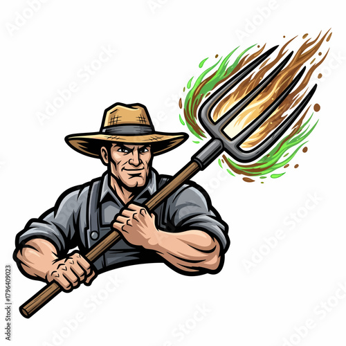 Cartoon illustration of muscular farmer with pitchfork aflame with green energy