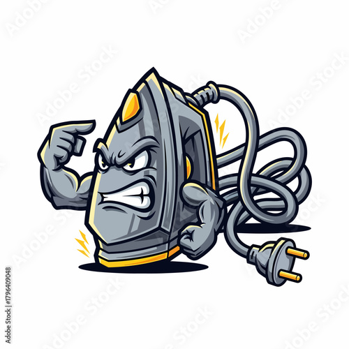 Cartoon illustration of powerful iron with muscular arms and angry expression