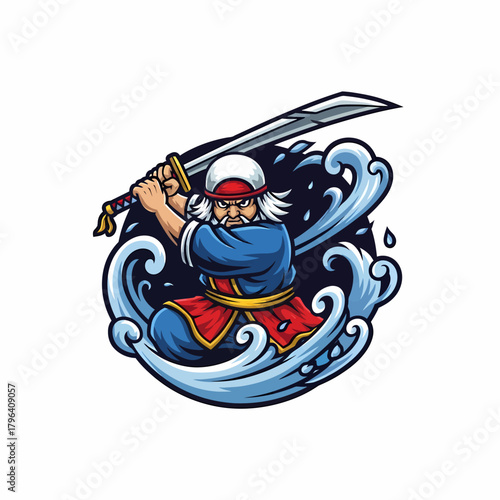Cartoon illustration samurai warrior wielding katana sword in wave