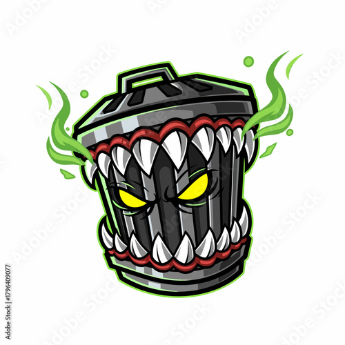 Cartoon illustration scary trashcan monster with teeth and glowing eyes