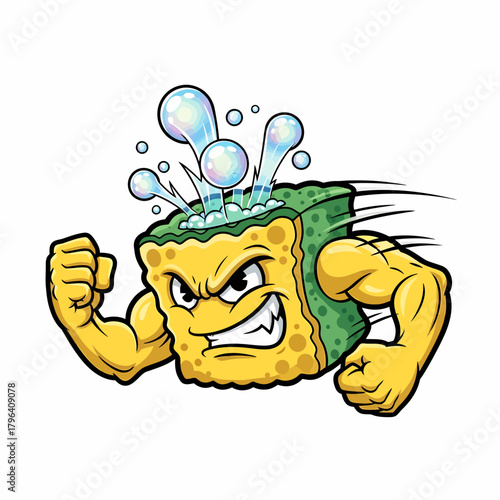 Cartoon illustration sponge cleaning mascot flexing muscle power cleaning supplies