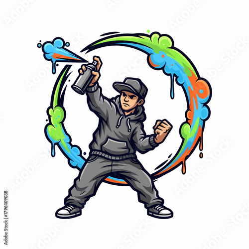 Cartoon illustration street artist spraying graffiti colorful circle outline