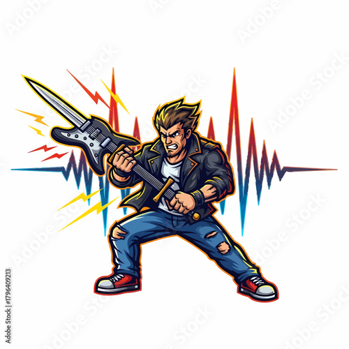 Cartoon musician holding bass guitar with soundwave background illustration