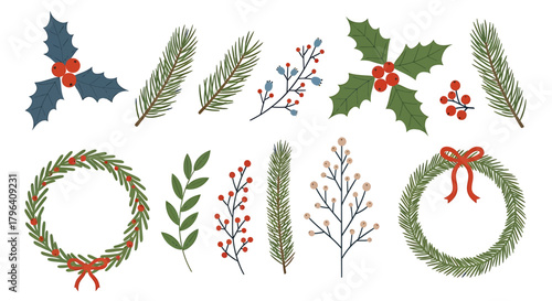 A collection of hand-drawn Christmas botanical elements including holly, pine branches, and festive wreaths.