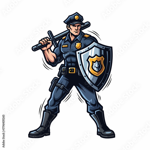Cartoon policeman character holding shield and baton protecting law enforcement