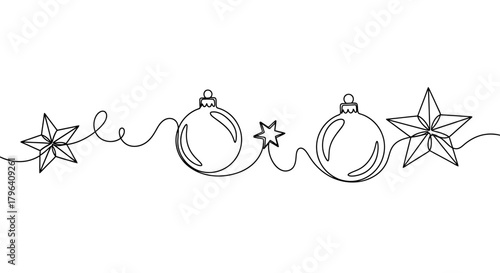 A continuous line drawing of Christmas ornaments and stars on a white background.