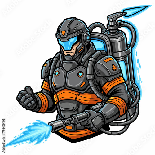 Cartoon vector firefighter using futuristic water jetpack in action