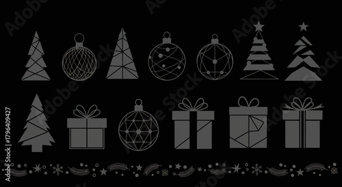 A collection of Christmas-themed illustrations, including trees, ornaments, and gift boxes, all in a monochromatic style.