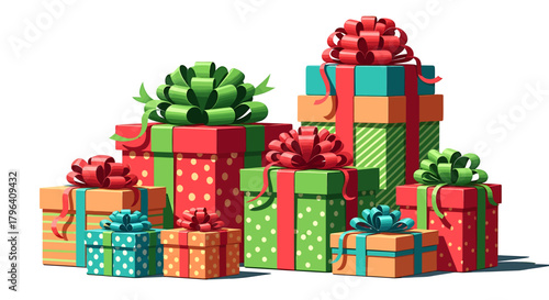 Colorful stack of wrapped gifts with bows for a holiday celebration.