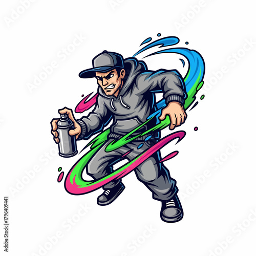 Cartoon vector man spraying colorful graffiti with spray paint can style