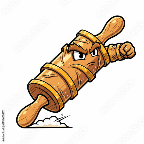 Cartoon wooden rolling pin character with angry expression and speed