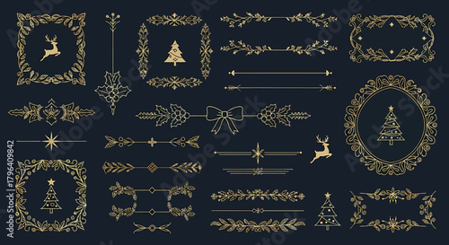 Elegant Golden Christmas Ornaments and Decorative Elements on a Dark Blue Background.
