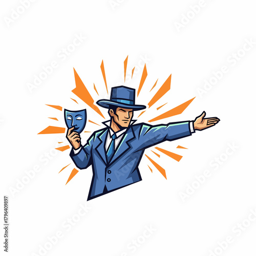 Illustration man in suit holding mask gesturing presenting choice