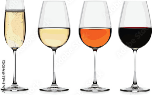 wine glasses with champagne, white wine, rosé and red wine drinks in realistic transparent style vector illustration on white