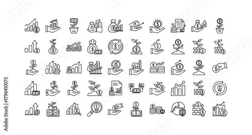 Investment icon set collection. Containing invest, statistics, increase, loss, profit, real estate, earnings.Line vector icons collection