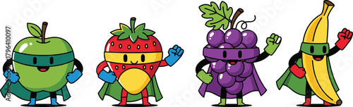 cute superhero fruit characters including apple strawberry grapes and banana wearing capes in cartoon vector illustration design