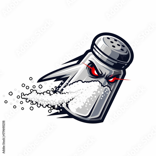 Mascot illustration aggressive salt shaker condiment with trailing salt grains