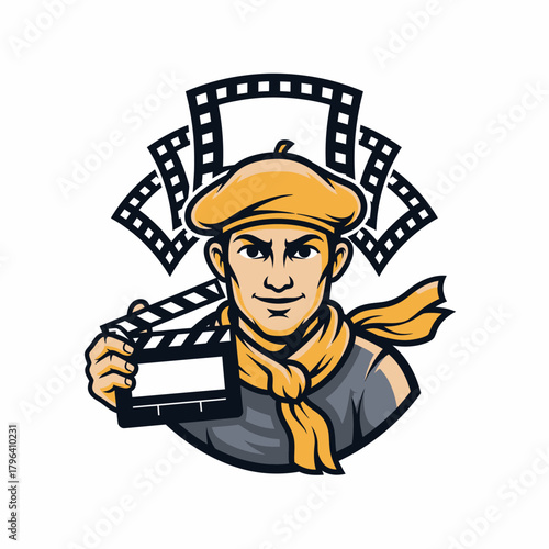 Mascot illustration filmmaker holding clapperboard with beret and scarf character