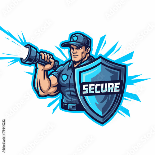 Mascot character security guard with flashlight and shield protection vector